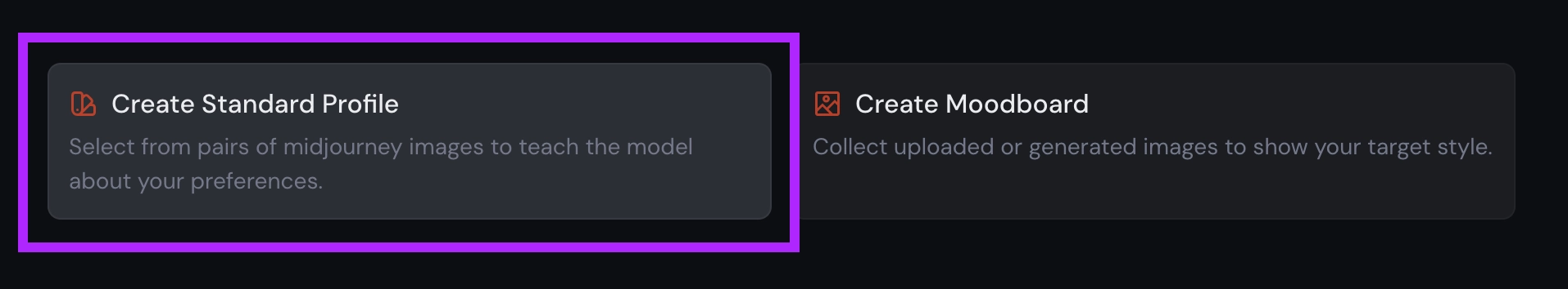 "Create Standard Profile" button on Midjourney Personalization page